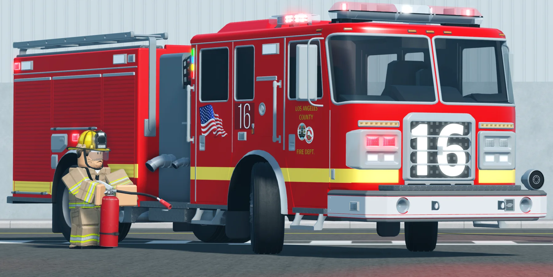 LAFD firefighter beside an engine in ER:LC